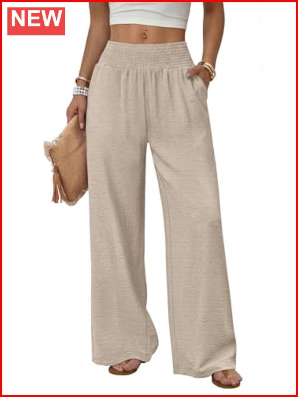 Wide Leg Palazzo Pants High Waist Trousers Pockets Pull-On